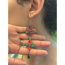 Renkli Boncuklu Çiçekli Kadın Uzun Küpe 10 Cm Renkli