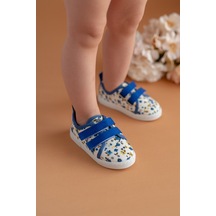 Çiçek Desenli Çift Cırtlı Keten Spor Çocuk Ayakkabısı-saks-f-498 Saks