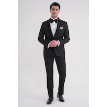 Slim Fit Çıkarılabilir Saten Yaka Tek Düğme Siyah Damatlık Smokin Takım Black 073 Siyah