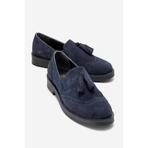 Luvishoes Alex Lacivert Süet Hakiki Deri Püsküllü Lastikli Kadın Loafer Ayakkabı Lacivert