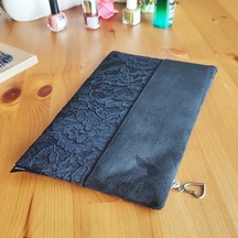Ju Yaratıcı Tasarım Kadın Portföy & Clutch Çanta Süet Dantel Siyah