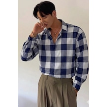 Erkek Ekose-kareli Gömlek Slim Fit Pamuk Karışımlı Klasik Tarz Uzun Kollu Gömlek Mavi