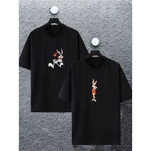 Unisex Kadın Erkek Bugs Bunny Ve Lola Baskılı Sevgili Çift Kombini Tasarım Oversize T-shirt 2'li Set Siyah2 Mck2094 Siyah