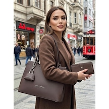 Just Polo Lüks Tasarım Büyük Boy Premium Gümüş Logolu El Çantası Ve Cüzdanı Kombin Tote Bag Ebat : 22 X 34 Cm Kahverengi