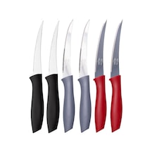 Sebze Ve Meyve Bıçağı, Çelik, Siyah + Gri + Kırmızı Lazer Kesim Tırtıklı Uç, 22 Cm, 6 Adet Çok Renkli