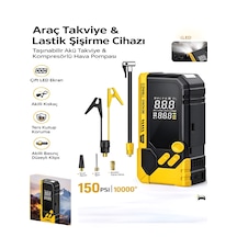 10000mah Akü Takviyeli Hava Pompası Kompresör Powerbank 150 Psı Led Fener Akıllı Basınç Siyah - Abs+
