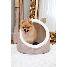 Kapalı Keçe Kedi Evi Ve Küçük Köpek Yatağı, Kulaklı Yuvalı Tasarım, Bej 40 34 35 Cm - 934271796