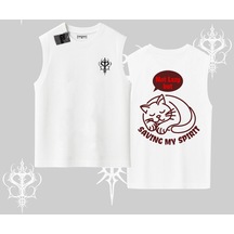 Tarzsokak Not Lazy Saving My Spirit Kedi Baskılı Kolsuz Tshirt Beyaz