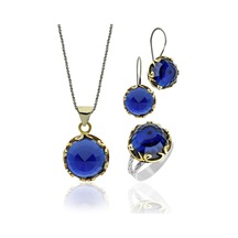 Safir Taşlı Vav Harfi Motifli Otantik Gümüş Kadın Set