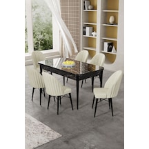 Canisa Gale Serisi 80x132 Açılabilir Lak Panel Siyah Mermer Desen Mutfak Masa Takımı 6 Krem Sandalye Masa Siyah Mermer Desen Sandalye Krem