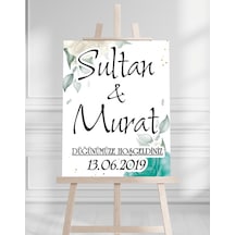 Söz Nişan Düğün İçin 50x70 Karşılama Panosu - Yaprak Tasarımlı 002 Beyaz