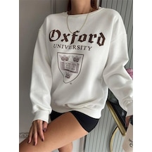 Oxford Renkli Oversize Bisiklet Yaka Pamuklu Sweatshirt Beyaz Beyaz