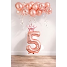 5 Rakam Rose Gold Folyo Balon, Kral Tacı Ve Konfetili Rose Gold Balon Genel