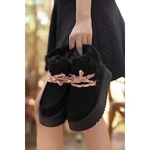 Bağcıklı Kalın Tabanlı Katlanır Yaka Kürklü Kadın Bot Siyah