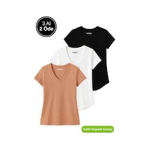 Kadın 3'lü Paket Siyah-beyaz-kahverengi %100 Organik Pamuk Normal Kesim Tişört V Yaka T-shirt Çok Renkli