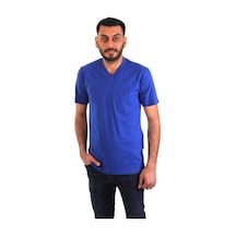 Eser - V Yaka Kısa Kol İş Tişörtü - Cepli - Saks Mavi
