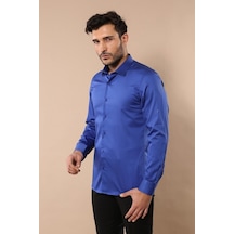 Pamuk Saten Slim Fit Desensiz Mavi Erkek Gömlek 001