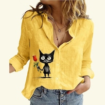 Kadın Moda Pamuk Keten Gömlek Kedi Baskılı Uzun Kollu Üst Bayan Günlük Düğmeli Bluz Sari Kadın Moda Pamuk Keten Gömlek Kedi Baskılı Uzun Kollu Üst Bayan Günlük Düğmeli Bluz Sari