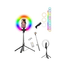 Rgb Halka Işık Uzun Tripod Selfie Çubuğu 1.9m-1200 Mah Şarjlı Kumandalı Ring Light Telefon Tutucu