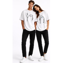 Nevermind Komik Terlik Fırlatan Çöp Adam Çift Tişörtü Oversize Unisex Sevgili Kombini Baskılı Beyaz Beyaz