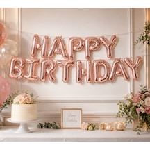 Happy Birthday Rose Gold Folyo Balon Yazı Seti 13 Parça İpli Doğum Günü Parti Süsü Dekoru Çok Renkli