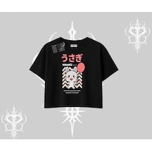 Tarzsokak Oversize Crop Tshirt Usagi Kawaii Cute Heart Energy Siyah