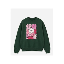 Herkesemoda Renkli Çiçekler Baskılı 2 İplik Şardonlu Bisiklet Yaka Sweatshirt Yeşil