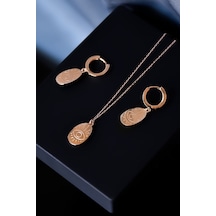 Papatya Silver 925 Ayar Gümüş Rose Kaplama Plaka Göz Kirpik Halka Küpe ve Kolye Set