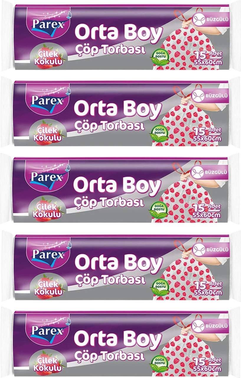 Premium Büzgülü Çöp Torbası Çilek Kokulu Orta Boy 15'li 55 X 60 Cm Beşli Paket