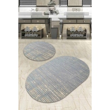 Mavi Çizgi Desen Banyo Halısı Klozet Oval Paspas Seti Bs063n11