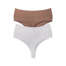 Vanilya Secret Tanga Yüksek Bel Toparlayıcı Pamuk 2'li Paket Beyaz - Kahverengi