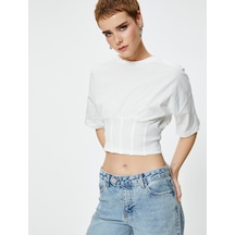 Koton Crop Korse Detaylı Tişört Kısa Kollu Bisiklet Yaka Pamuklu Ekru 4sal10198ık 4SAL10198IK010 Ekru
