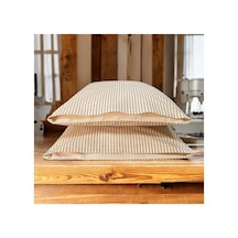 %100 Pamuk İpliği Boyalı Çizgili Tek Kişilik Yastık Kılıfı 2'li Set - 50x70 Cm Naturel Cep Detaylı Kahverengi