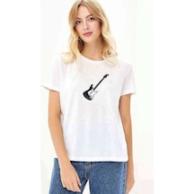 Gitar Baskılı Beyaz Kadın Tshirt