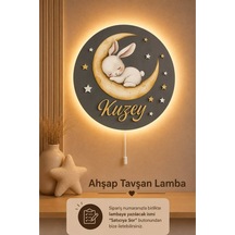 Ahşap Sarı Aylı Tavşan Lamba İsme Özel Pilli Ledli Gece Lambası Bebek Çocuk Odası Gri