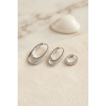 Gümüş Renk Oval Halka Model Zirkon Taşlı 3 Lü Küpe Set Çok Renkli