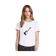 Elektro Gitar Rock Müzik Baskılı Beyaz Kadın Tshirt