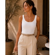 Unika Boutique Kadın Fittili Kalın Askılı Crop Atlet ekru