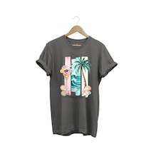 Summer Vibes Yaz Temalı Kokteyl, Palmiye Ve Deniz Desenli %100 Pamuk Regular Fit T-shirt Gri