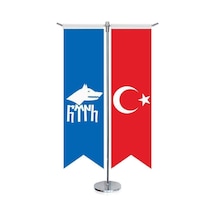Göktürk Türk Kağanlığı Göktürkçe Bayrağı Ve Türkiye -kırlangıç - Saten T Direk 2li Masa Bayrağı 1