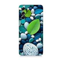 Samsung Galaxy S21 Fe Uyumlu Mavi Turkuaz Taşlar Ve Yeşil Yaprak Desenli Silikon Kılıf
