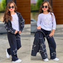 Kız Çocuk Yıldız Detaylı 3 Parça Denim Takım Ceket, Pantolon Ve Bluz 2613s Siyah