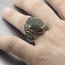 Gümüş Yeşil Zirkon Taşlı Oval Erkek Yüzük - 555893325