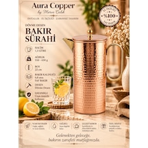Aura Copper Bakır Sürahi 1,3 L Kapaklı Dövme Desen El Yapımı 22 Cm 0,8 Mm