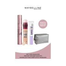 Maybelline New York Sky High Maskara & Super Lock Kaş Sabitleyici + Instant Eraser Kapatıcı 01 + Makyaj Çantası