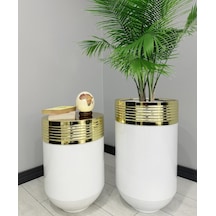 Elegant Dekoratif Gold Darbuka Parlak Beyaz Saksı 70cm + 60cm Sehpa İkili Set