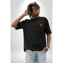 Halloween Genç Zombi Siyah Oversize Unisex Ön Sol Yan Minimal Baskılı Tişört Koyu Siyah