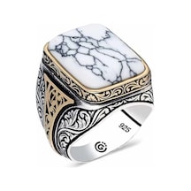 Supertrend Gümüş Beyaz Çizgili Havlit Taşlı Kare Erkek Yüzük Gümüş