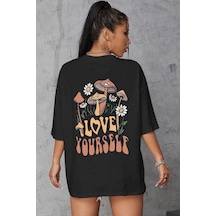 Startmore Kadın Beyaz Love Yourself Baskılı Oversize T-shirt Siyah