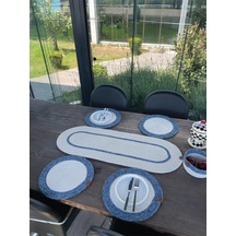 Doğal İp - Leke Tutmaz 6 Lı Masa Takımı 4 Amerikan Servis, 1 Runner, 1 Sepet - Şık Sofra Seti Beyaz/mavi